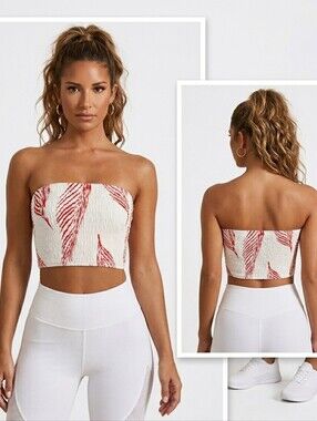 🍎 New Yozy Red Feather Cropped Smocked Tube Top